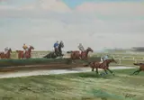 John Beer, The Water Jump, The Lancashire Handicap Steeplechase, Manchester 1910, Watercolour, heightened with white