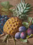 Charles Henry Slater, Still Life Of A Pineapple, Grapes And Plumbs, Watercolour heightened with white