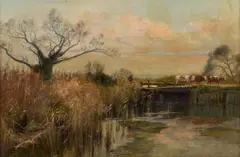 Frederick William Whitehead, River Landscape With Cattle Crossing A Bridge, Oil on canvas