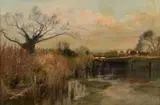 Frederick William Whitehead, River Landscape With Cattle Crossing A Bridge, Oil on canvas