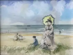 John S. Goodall, A Pair Of Beach Scenes, Pencil and watercolour