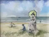 John S. Goodall, A Pair Of Beach Scenes, Pencil and watercolour