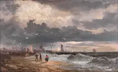 William Thornley, Figures On The Coast, Stormy Seas, Oil on board