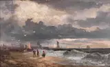 William Thornley, Figures On The Coast, Stormy Seas, Oil on board