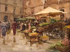 Gustavo Pisani, A Pair Of Italian Market Scenes, Oil on board