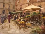 Gustavo Pisani, A Pair Of Italian Market Scenes, Oil on board
