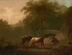 John Rathbone, Cattle In A Woodland Landscape, Likely A Lake District View, Oil on panel