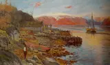 Haakon Kaulum, Fjordlandskap med båter og mann med sendingskurv, Olje på lerret