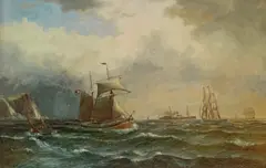 Theodor Søvig, Seilskuter og dampskip ved klippekyst, Olje på lerret