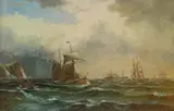 Theodor Søvig, Seilskuter og dampskip ved klippekyst, Olje på lerret