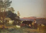 Anders Askevold, Landskap med kyr og budeier, 1863, Olje på papir, oppklebet på plate
