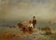 Anton Rasmussen, To gutter ved en strand, 1867, Olje på plate