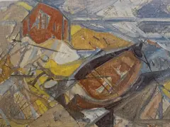 Harald Dal, Hus og båt i fjordlandskap, 1943, Olje på lerret