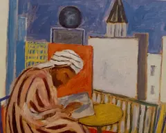 Mann med turban leser på terrasse by Ragnhild Kaarbø, Olje på plate, sold Jun 2000