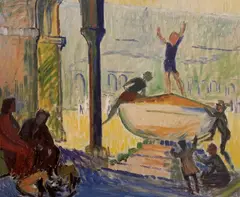 Willi Midelfart, Lekende barn ved fontene, Olje på plate