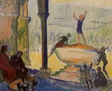 Willi Midelfart, Lekende barn ved fontene, Olje på plate