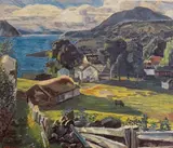 Dagfin Werenskiold, Fjordlandskap med gårdsbruk, 1927, Olje på lerret
