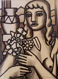 Lars Tiller, Kvinne med blomster, 1952, Blandingsteknikk på papir