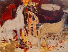 Else Hagen, Hester i manesje, Gouache og pastell på papir, lysmål