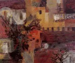 Italiensk by by Rigmor Holter, Olje på lerret, sold Jun 2000