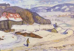 Rolf Juell Gleditsch, Vinterlandskap med bygninger, 1918, Olje på lerret
