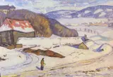 Rolf Juell Gleditsch, Vinterlandskap med bygninger, 1918, Olje på lerret