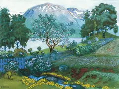 Nikolai Astrup, Juninatt i hagen, Farvetresnitt med håndkolorering,