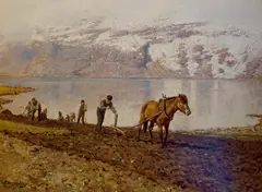 Otto Sinding, Pløying med hest, Olje på papir, oppklebet på lerret