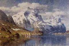 Adelsteen Normann, Fjordlandskap med fjordabåt, Olje på lerret