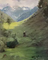 Peder Severin Krøyer, Dal i berglandskap. Pyrenées, 1886, Olje på papir, oppklebet på lerret