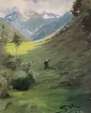 Dal i berglandskap. Pyrenées by Peder Severin Krøyer, 1886, Olje på papir, oppklebet på lerret, sold May 2000