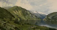 Fjordlandskap med folkeliv by Carl Nielsen, 1880, Olje på lerret, sold May 2000