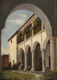 Domingo Moreno Otero, Patio interior, ca. 1925-1930, Óleo sobre papel entelado