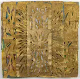 Gustavo Vejarano, Tapiz dorado de la serie La búsqueda del templo, 2016, Papel de fique teñido y hojilla dorada y plateada
