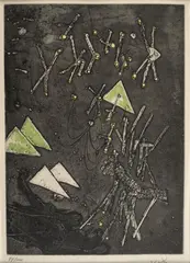 Droites libérées by Roberto Matta, 1971, Punta seca, aguafuerte y aguatinta sobre papel. Ejemplar 99 de 100, sold Feb 2024
