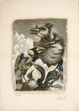 Enrique Grau, Pájaros carnívoros entre Chile y Argentina, de la carpeta Graficario de la Lucha Popular en Colombia, 1977, Serigrafía sobre papel. Ejemplar 56 de 100
