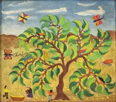 Ay siruelas asta para los pajaros by Leonor Alarcón, 1974, Mixta sobre madera., sold Nov 2023