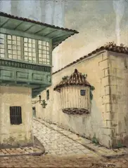 Calle santafereña (Actual Calle del Camarín del Carmen -cl 9 con cr 5-) by Domingo Moreno Otero, Óleo sobre lienzo adherido a madera., sold Jun 2023