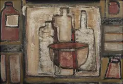 Carlos Rojas, Sin título, de la serie Botellas, ca. 1960, Mixta sobre tabla.