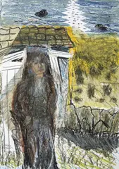 Freda Sargent, The singer's House, 1993, Pastel graso, carboncillo y grafito sobre collage de papel.