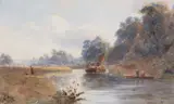Robert Pratchett Noble, A Barge On A River At Harvest Time, 1982, watercolour