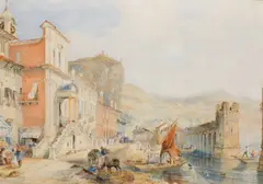 George Barnard, An Italian Lakeside Town, watercolour heightened with bodycolour