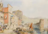 George Barnard, An Italian Lakeside Town, watercolour heightened with bodycolour