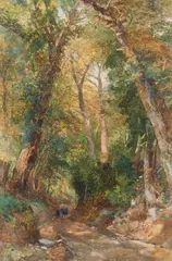 Joseph Needham, Figures In A Wooded Lane, pencil and watercolour