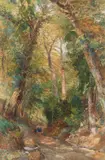 Joseph Needham, Figures In A Wooded Lane, pencil and watercolour