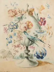 J. van Ornbloor, Flowers In An Ornamental Urn In A Landscape, watercolour
