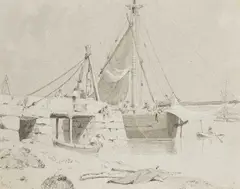 Edward Swinburne, Portland Harbour, pencil and pen and ink heightened with grey wash and white 28 cm by 35 cm