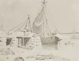 Edward Swinburne, Portland Harbour, pencil and pen and ink heightened with grey wash and white 28 cm by 35 cm
