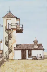 David Benefer, South Lookout Tower, Aldeburgh Beach, watercolour over pen and ink 18 cm by 12 cm
