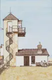 David Benefer, South Lookout Tower, Aldeburgh Beach, watercolour over pen and ink 18 cm by 12 cm